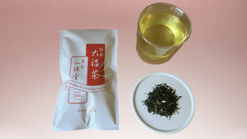 一保堂茶舗 大福茶のパッケージと茶葉と淹れた大福茶