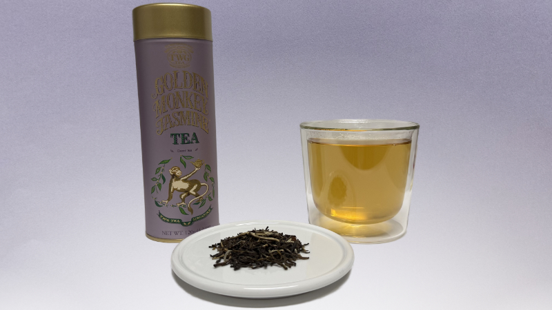 TWG ゴールデンモンキージャスミンの茶葉缶と茶葉と淹れたジャスミン茶
